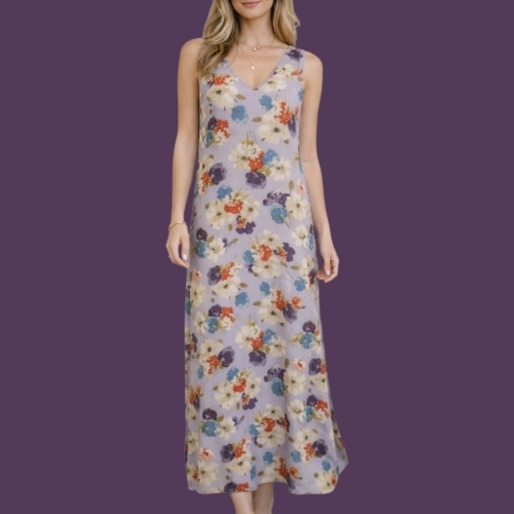 VTG JUDITH HART 1990s Fairycore Lavendar Floral Chiffon Maxi Tank Dress